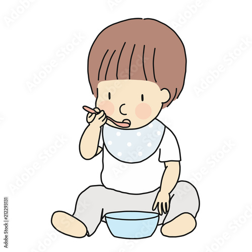 Vector illustration of self-feeding toddler. Little kid learning to eat food in bowl with spoon by self. Early childhood development - self feeding, self care, education & learning concept.