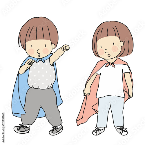 Vector illustration of little kids playing dress up and acting like superhero. Playing superhero. Early childhood development activity, pretend and dramatic dress-up play, education & learning concept