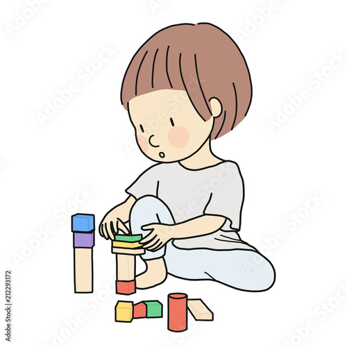 Vector illustration of little kid playing building wooden blocks by staking, assembling. Early childhood development activity, education and learning concept - construction block, constructive play.