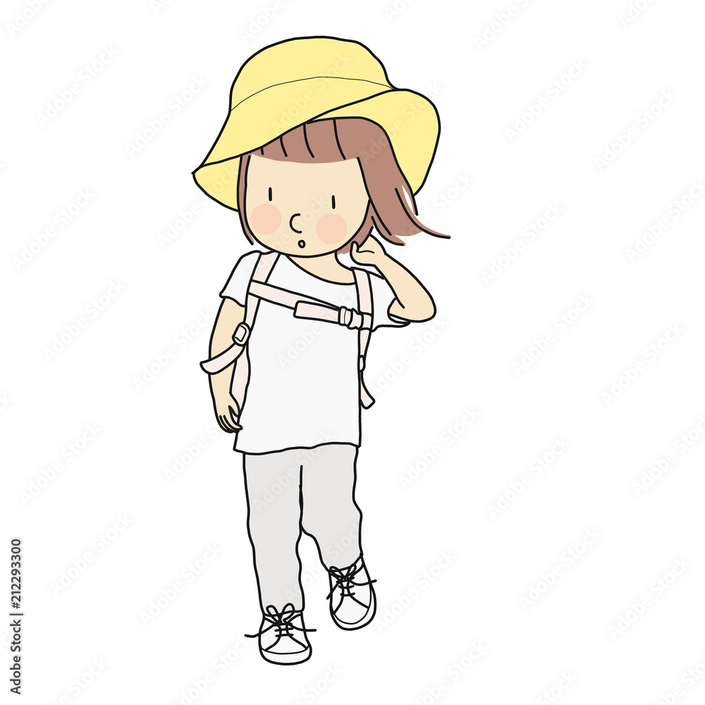 Vector illustration of little kid girl walking with school backpack and  yellow hat. Child development, travel concept. Cartoon character drawing  style. Isolated on white background. Stock Vector | Adobe Stock