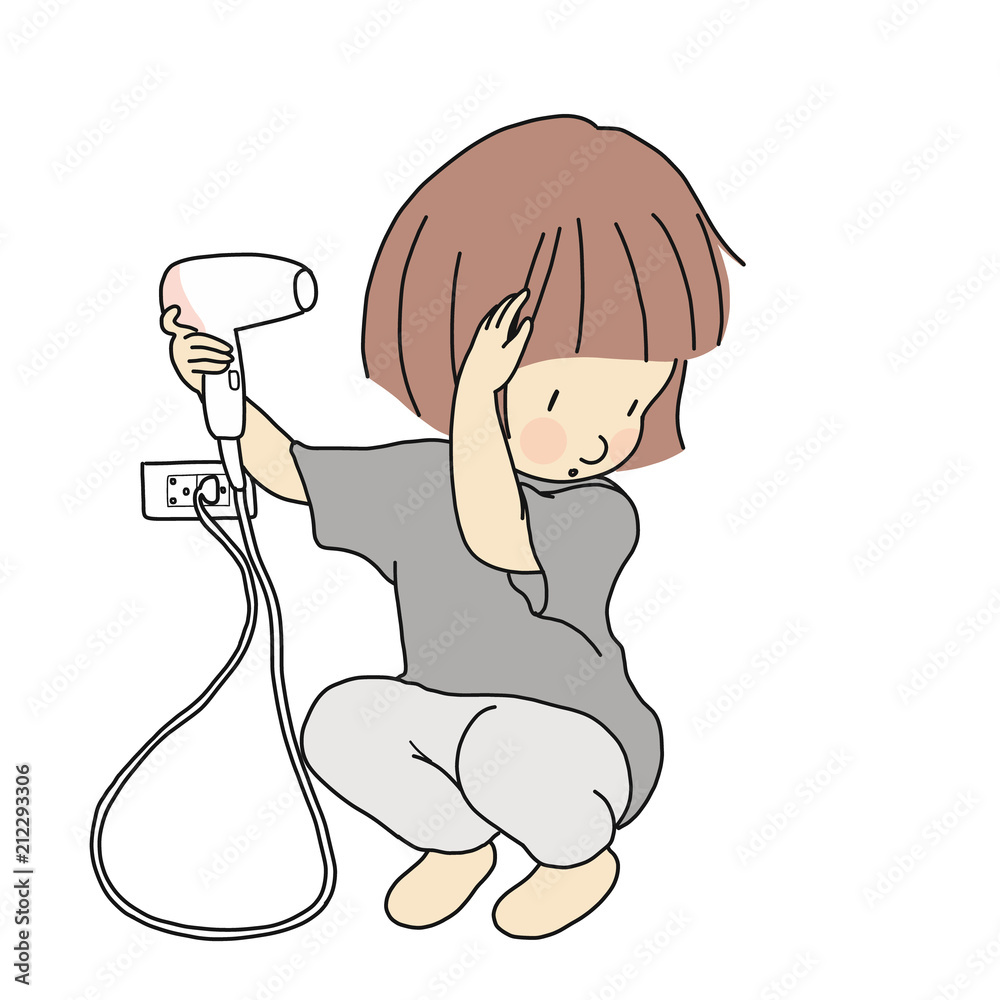 Vector illustration of little kid girl trying to dry hair with blow dryer.  Child development & teenage & beauty concept. Cartoon character drawing  style. Isolated on white background. Stock Vector | Adobe