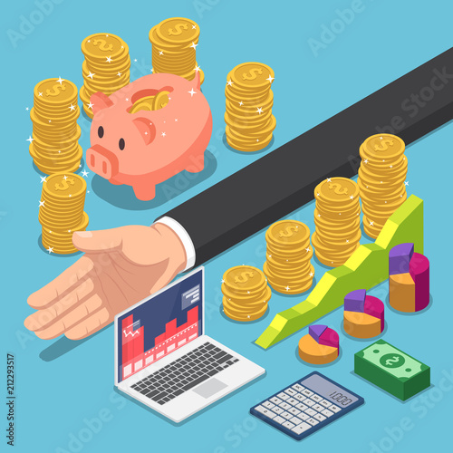 Isometric businessman divide the money for saving and investing