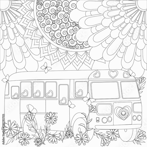coloring with flower pattern and bus