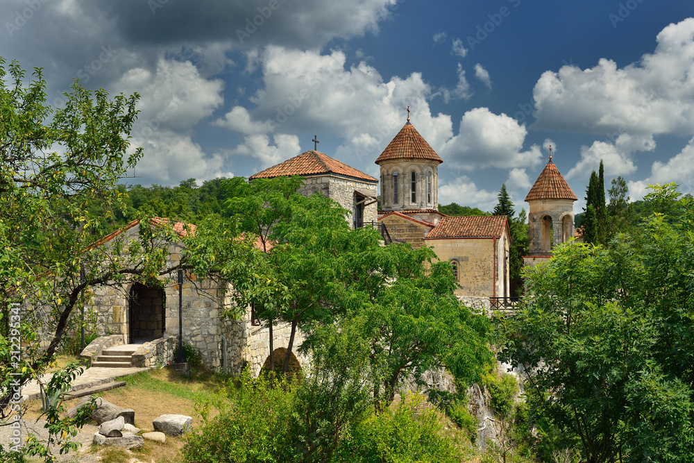 Motsameta Monastery situated on the hill surrounded by Tskaltsitela river, Kutaisi, Georgia.