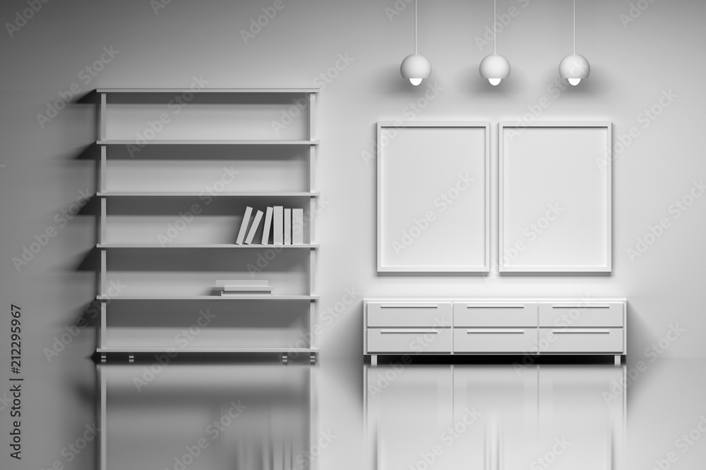 Modern interior with empty posters. Living space or studio - a shelf with books, lamps, cabinet over the shiny reflective surface. 3d illustration.