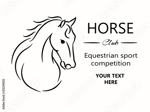 Horse head graphic logo template, vector illustration on white background. Stylish horse head outline for stable, farm, club race design. Running stallion for equestrian sport competition.