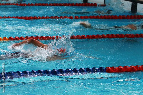 Swimmers swim free style, front crawl or forward crawl stroke in a swimming pool for competition or race