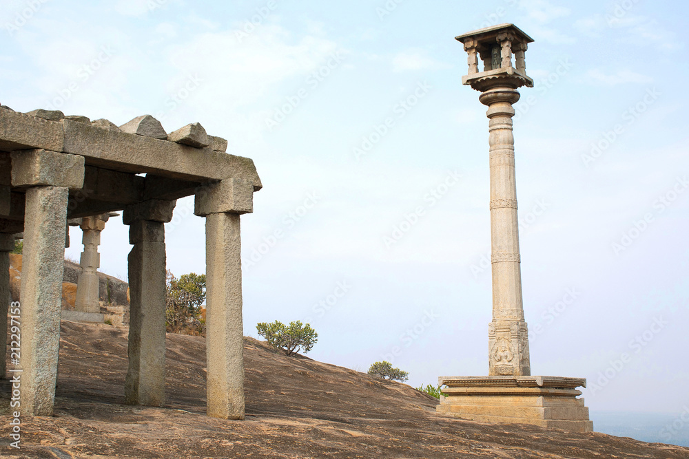 24 pillar hall and a Manastambha or pillar in front of Chennanna Basadi, Vindhyagiri Hill, Shravanbelgola, Karnataka