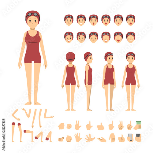 swimmer girl character set. Full length. Different view, emotion, gesture.
