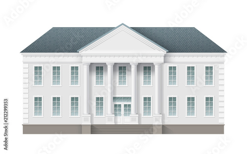 Front view of administrative governmental building. Traditional classic architecture of building with beautiful entrance and columns.