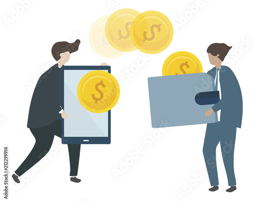 Illustration of characters transacting money