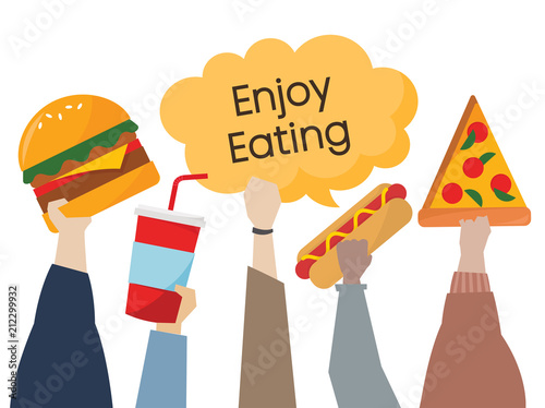Illustration of hands holding junk food