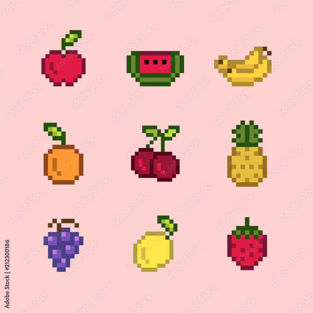 Collection of mixed pixelated fruits Collection of mixed pixelated fruits