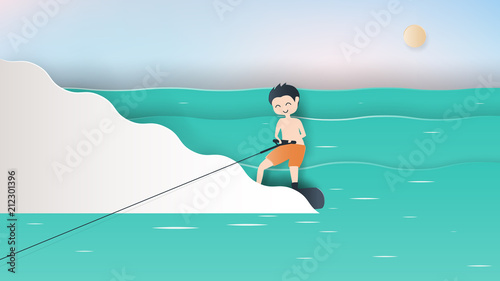 Happy waterskier riding wakeboard on wave in ocean, paper art/paper cutting style