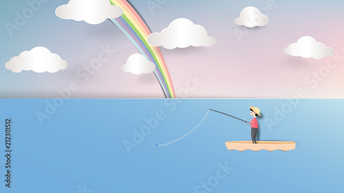 Smiley man fishing on small boat in ocean with rainbow over the sky, paper art/paper cutting style