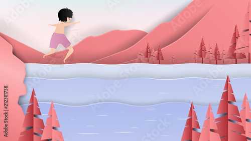 Young man jumping from cliff into river surrounded by mountains, paper art/paper cutting style