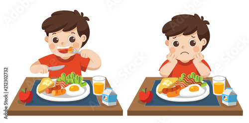 Concept of Health and growing children. Little boy happy to eat breakfast and Unhappy to eat breakfast.