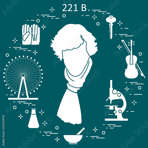 Private detective Sherlock Holmes with variety tools and equipment. The hero of the popular TV series.