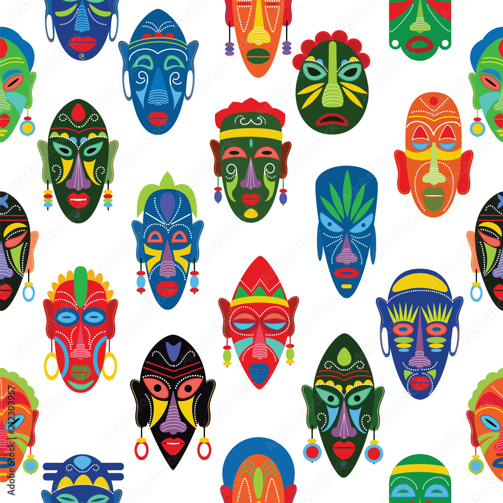 Tribal mask vector African face masque and masking ethnic culture in Africa illustration set of traditional masked symbol seamless pattern background