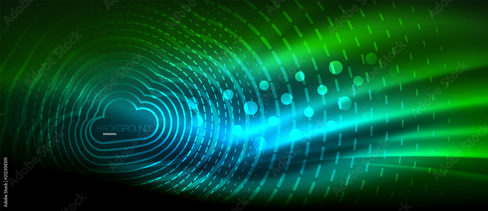 Neon glowing wave, magic energy and light motion background. Wallpaper template, hi-tech future concept Neon glowing wave, magic energy and light motion background. Wallpaper template, hi-tech future concept