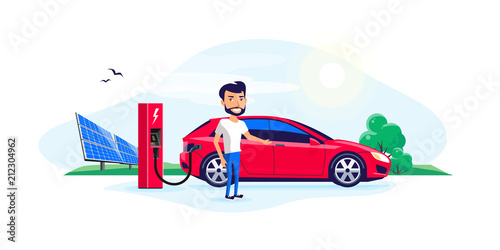 Flat vector illustration of a electric car charging at the charger station with a young smiling man. Green trees nature and solar panels in the background. Electromobility e-motion concept. 
