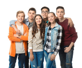 Group of cute teenagers on white background