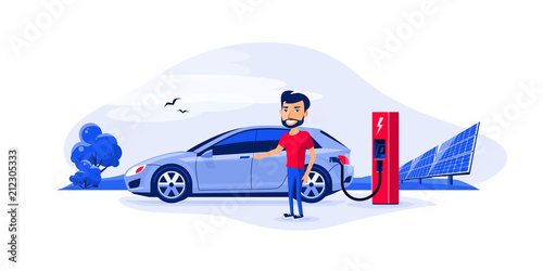 Flat vector illustration of a electric car charging at the charger station with a young smiling man. Green trees nature and solar panels in the background. Electromobility e-motion concept. 
