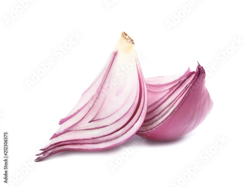 Fresh slices of red onion on white background