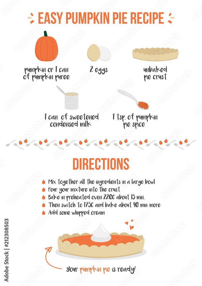 Vector illustration of easy pumpkin pie recipe with cute cartoon  ingredients icons, A4 size for web and print. Stock Vector | Adobe Stock