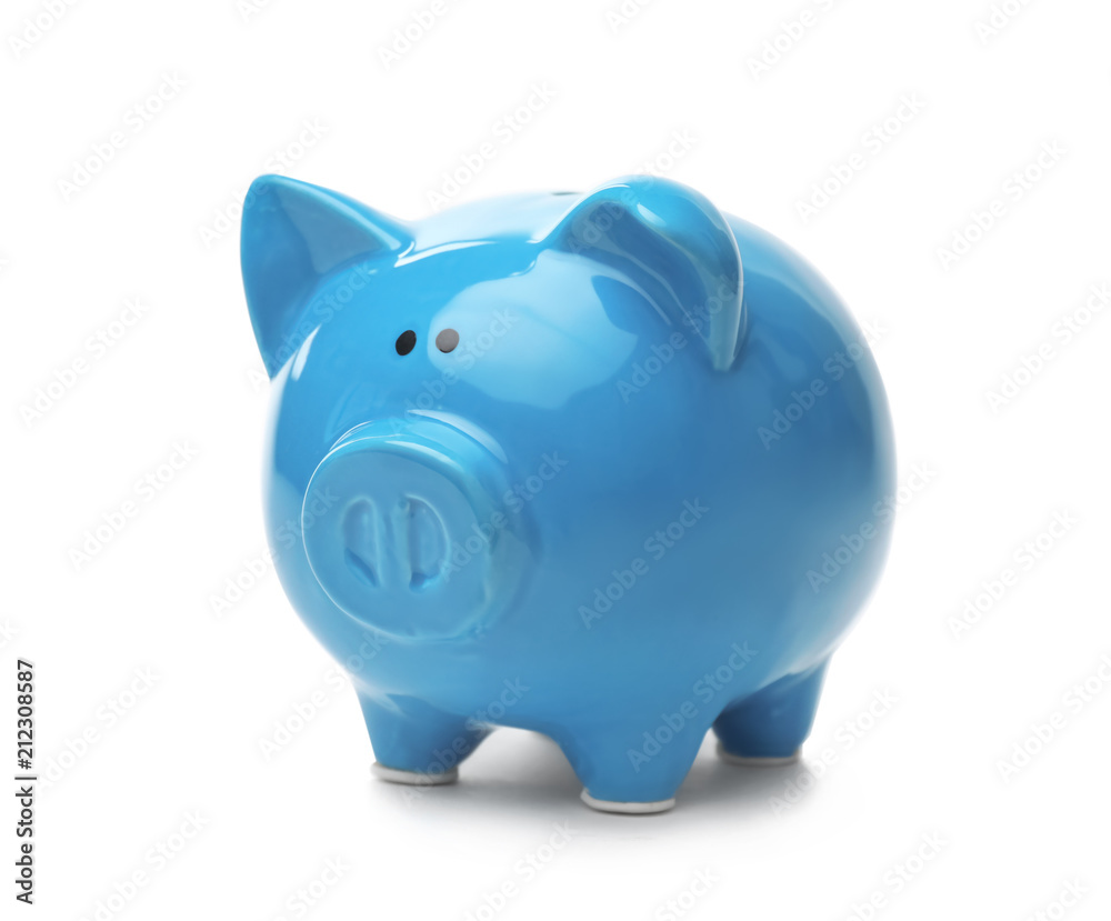 Blue piggy bank on white background. Money saving