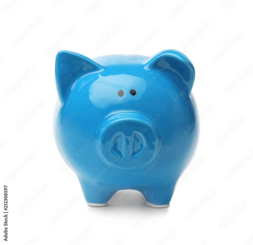 Blue piggy bank on white background. Money saving Blue piggy bank on white background. Money saving