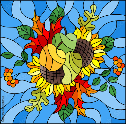 Illustration in stained glass style with autumn composition, bright leaves,flowers and fruits on blue background, rectangular image