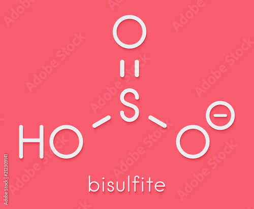 Bisulfite anion, chemical structure. Common salts include sodium bisulfite (E222) and potassium bisulfite (E228), used as food preservatives. Skeletal formula.