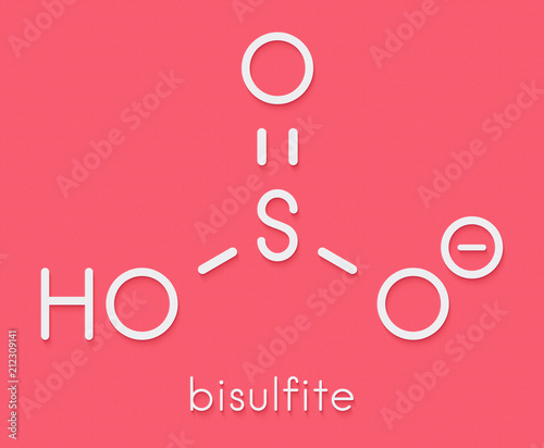 Bisulfite anion, chemical structure. Common salts include sodium bisulfite (E222) and potassium bisulfite (E228), used as food preservatives. Skeletal formula. photo