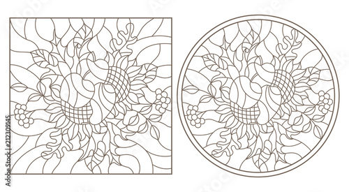 A set of contour illustrations of stained glass with compositions of leaves , flowers and fruit ,dark contours on a white background, round and rectangular image