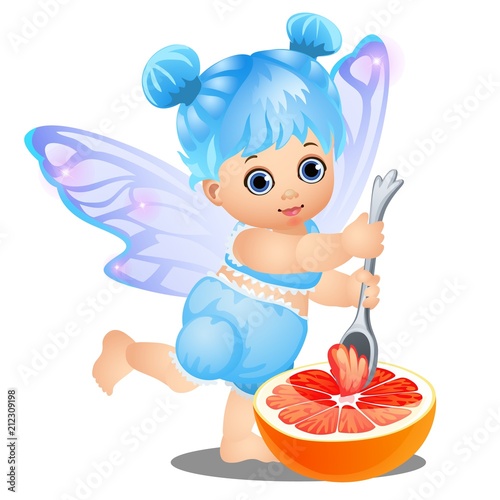 A little happy girl with blue hair and fairy wings eats grapefruit with a spoon isolated on white background. Vector cartoon close-up illustration.