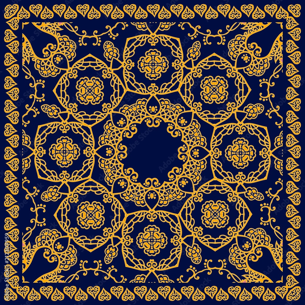 Ornamental pattern in oriental style. Beautiful bandana print in vector. Square carpet.
