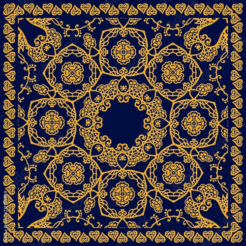 Ornamental pattern in oriental style. Beautiful bandana print in vector. Square carpet.
