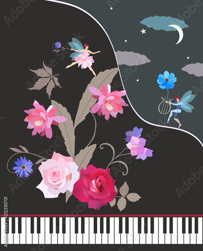 Beautiful vertical card with a grand piano, bouquet of garden flowers, small fluttering fairy and winged elf in the vector.