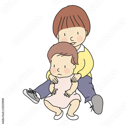 Vector illustration of two little innocent brother and sister sitting together on floor. Family, siblings, brotherhood, friendship, early childhood development concept. Cartoon character drawing.
