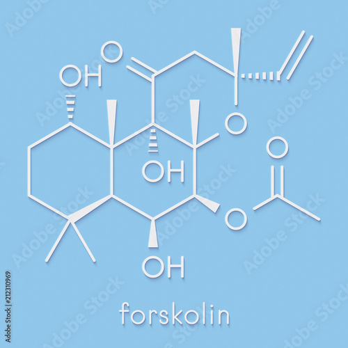 Forskolin (coleonol) molecule. Activates the enzyme adenylyl cyclase, resulting in increased levels of cAMP. Skeletal formula.