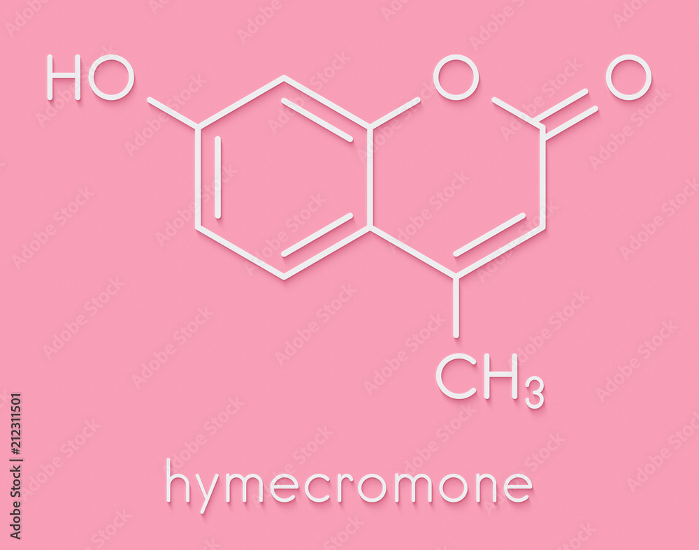 Hymecromone drug molecule. Skeletal formula. Hymecromone drug molecule. Skeletal formula.