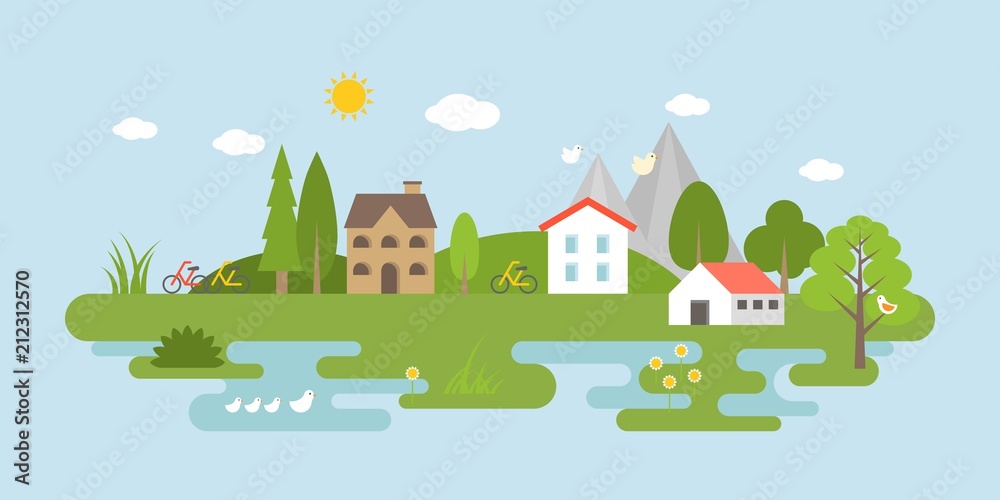Countryside landscape, flat design for use as scenery background or banner