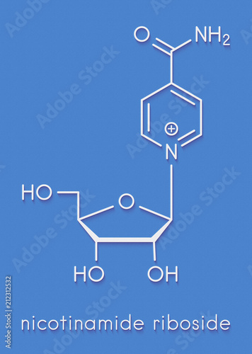 Nicotinamide riboside (NR) molecule. Precursor of nicotinamide adenine dinucleotide (NAD).  Skeletal formula. photo