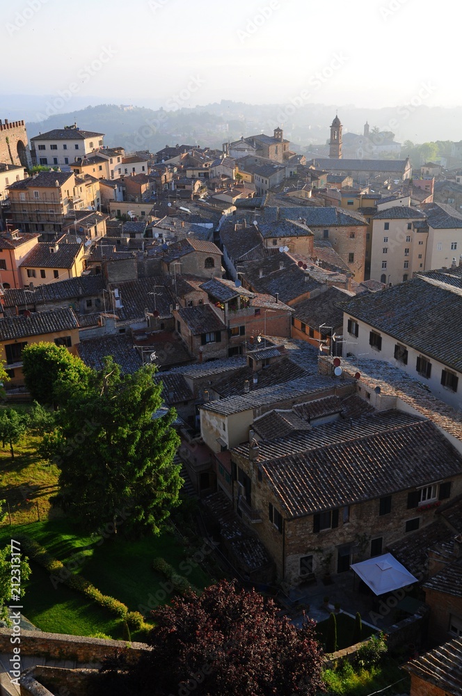 The City Town and landscape of Montepulciano at sunrise in the morining  in Tuscany, Italy