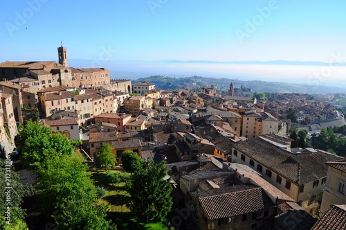 The City Town and landscape of Montepulciano at sunrise in the morining in Tuscany, Italy