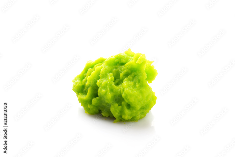 Green wasabi sauce or paste in bowl, with chopsticks or spoon over plain colourful background. selective focus Green wasabi sauce or paste in bowl, with chopsticks or spoon over plain colourful background. selective focus
