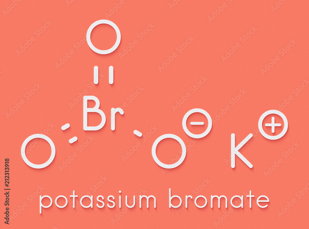 Potassium bromate (KBrO3, E924). Used as additive to flour in the baking of bread. Skeletal