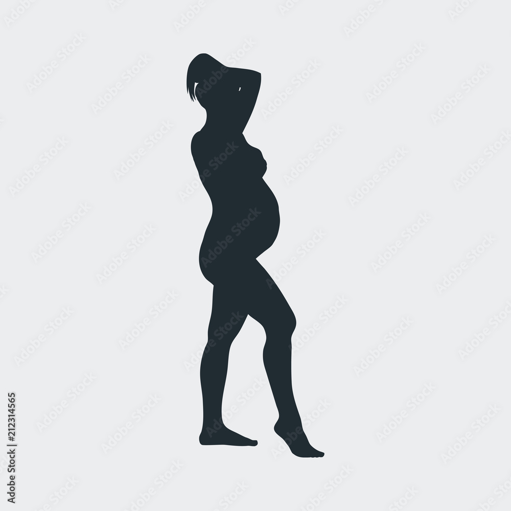 Icono plano silueta mujer desnuda embarazada de pie en fondo gris
