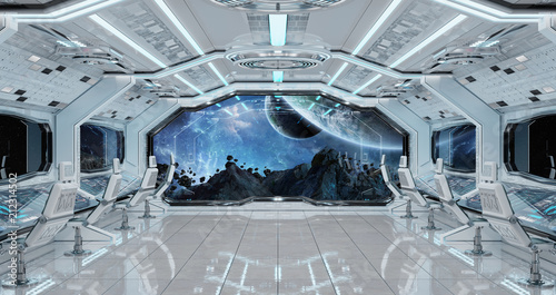 Fototapeta Naklejka Na Ścianę i Meble -  White clean spaceship interior with view on planet Earth 3D rendering